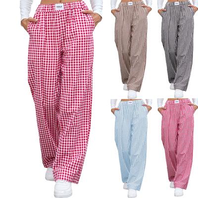 Calças Casuais Femininas da Moda Xadrez com Elástico na Cintura Soltas com Bolso