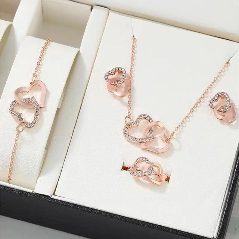 5Pcs Set Gold-Color Heart Shaped Jewelry Sets of Ring Earrings Necklace for Women Elegance Rhinestone Double Heart Jewelry