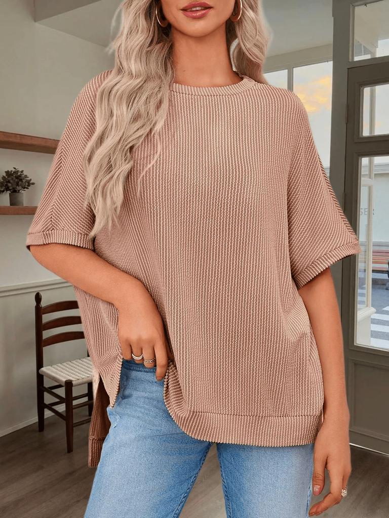 Womens Ribbed Batwing T Shirt Short Sleeve Loose Fit Summer Tunic Top