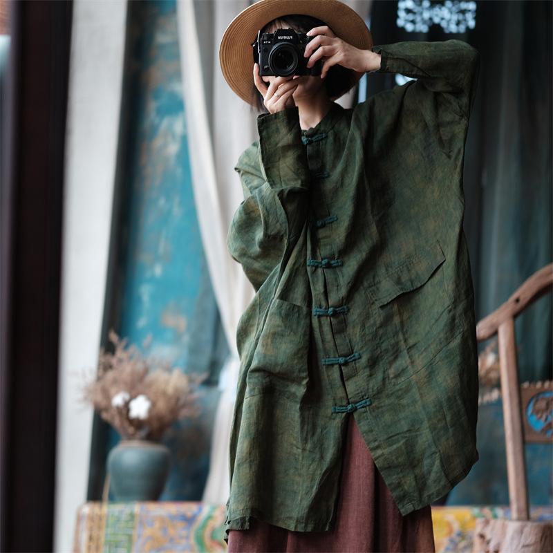 Johnature Women Vintage Long Shirts Stand Long Sleeve Button Patchwork Pockets Spring Chinese Style Blouses