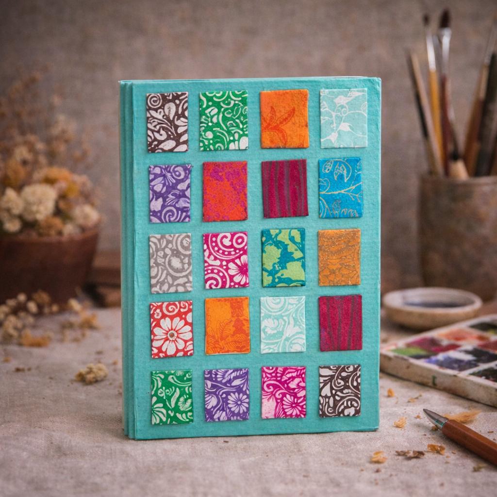 Lokta Mini Tiles Notebook – Large (21x15cm) – 45 Leaves – Includes Bookmark – Teal