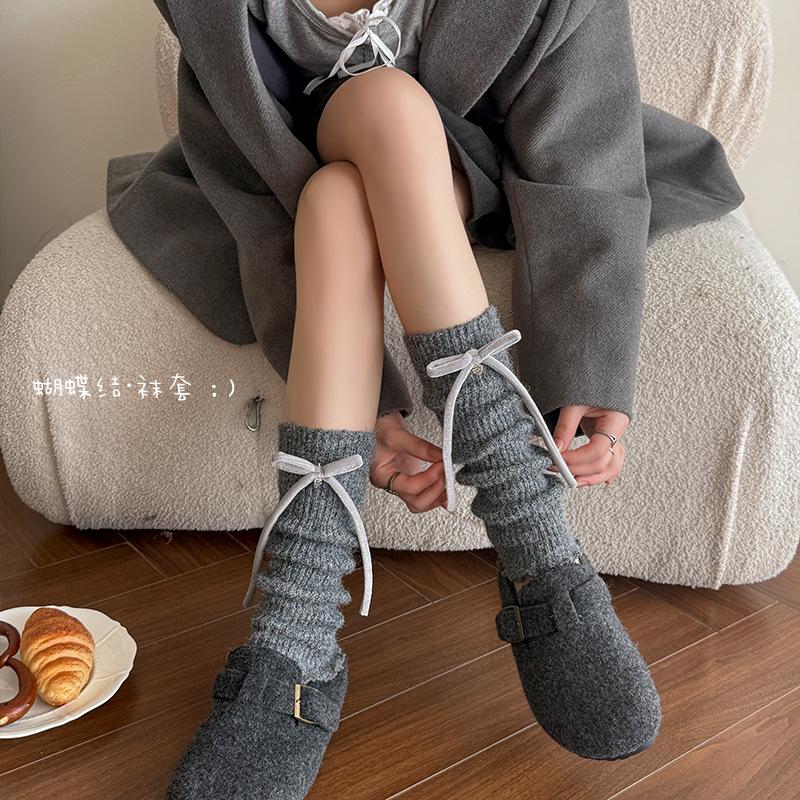 Boots Cotton Bow Socks Cover Wool Thickened Warm Flanged Stacking Socks Korean Girl Leg Cover