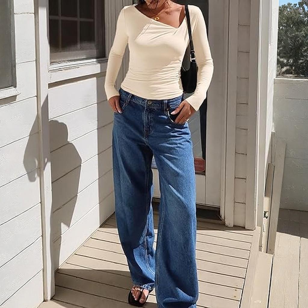 Women's Fashionable Long-sleeved Asymmetrical Collar Fitted Casual Knitted Top