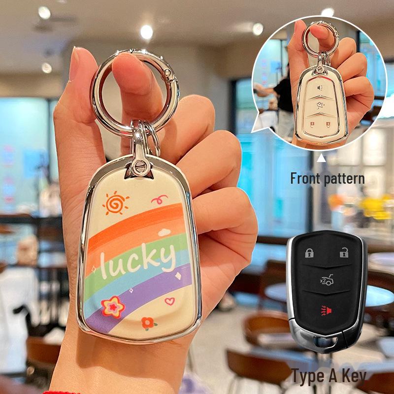 Cadillac CT5 Rainbow Cartoon Pattern Key Cover: Full Package TPU Protective Shell for XT5/XT4/XT6 Model.