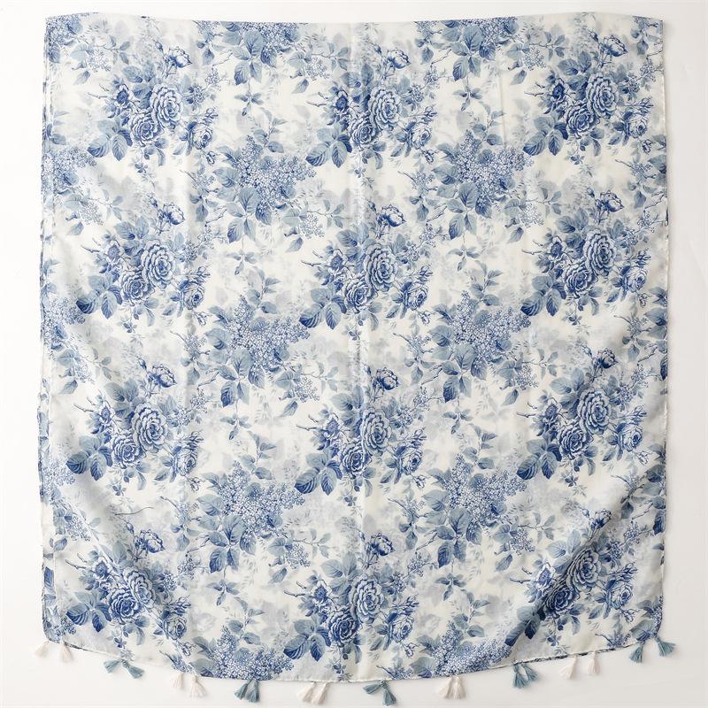 Classic Blue Flower Print Scarf Elegant Tassel Shawl Casual Windproof Head Wrap Hijab Sunscreen Travel Beach Towel For Women