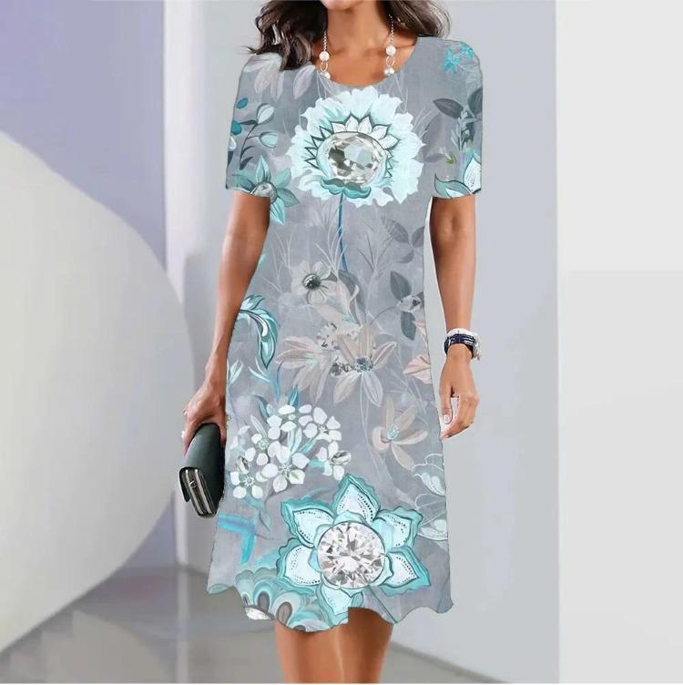 2024 Ny Sommer Blomstermønstret Elegant Kjole Kvinner O-Hals Kort Erme Casual Løs Komfortabel Vintage Lang Damekjole