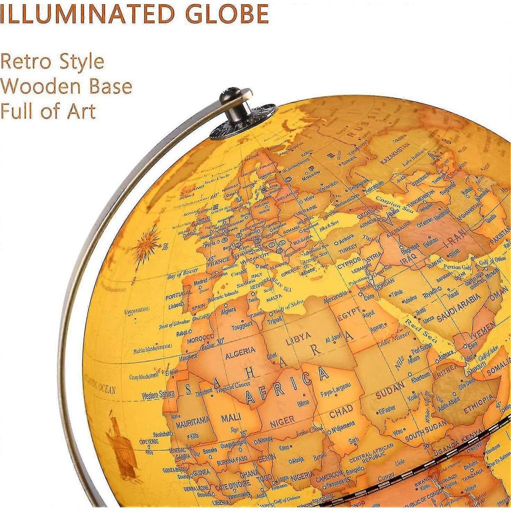 Illuminated World Globe For Kids With Wooden Stand,built In Led For Illuminated Night View Antique Globe