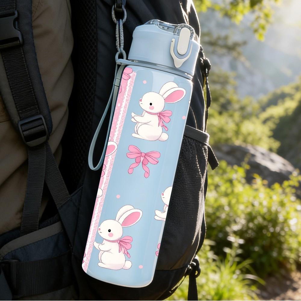 1PC Pink Bow Bunny Ribbon Pattern Print 750ml Color Plastic Sports Water Bottle Leakproof Flip Straw Lid Suitable for Sports Office Home Use