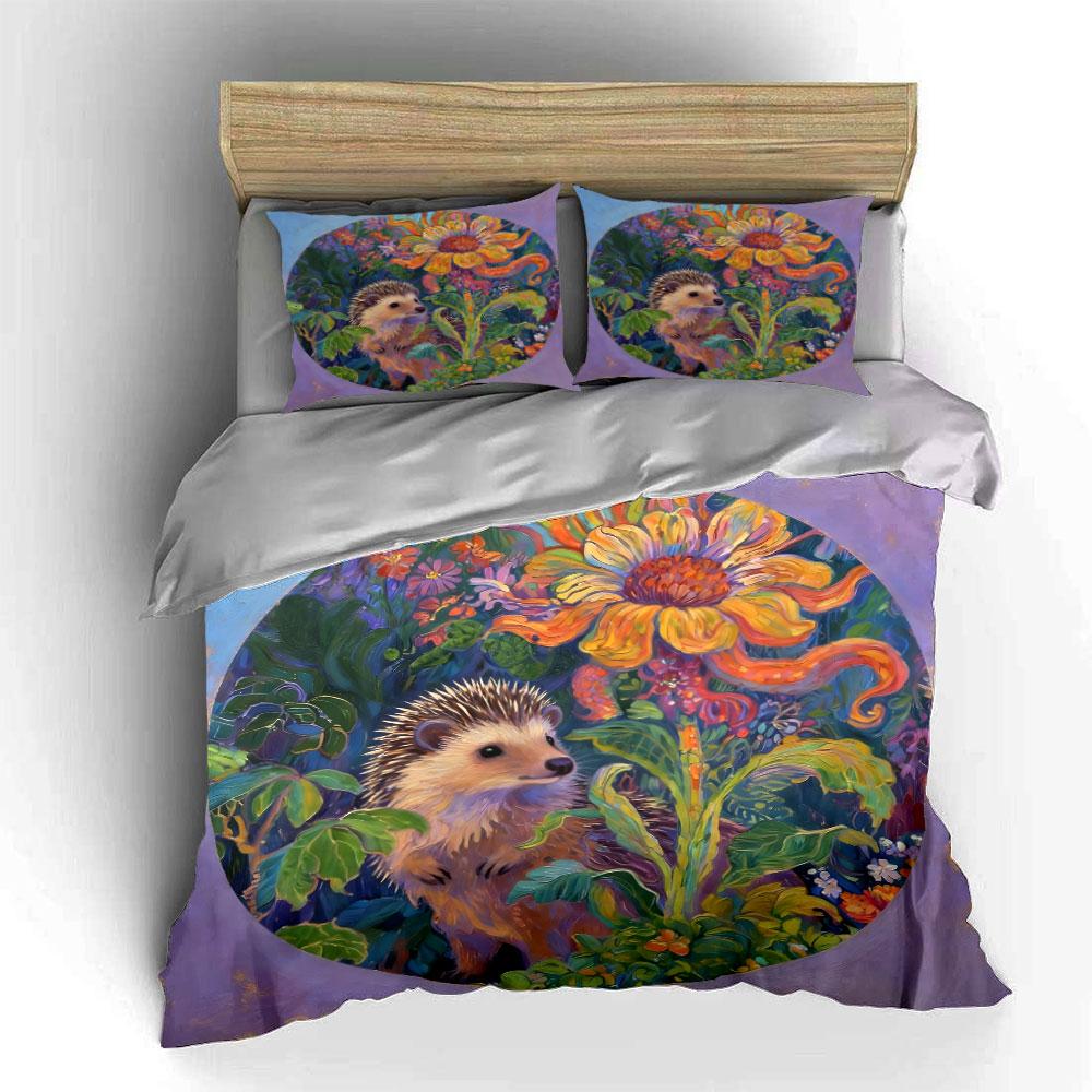Floral Hedgehog Art Set Soft Comfortable Duvet Cover Bedding Set Included 1*Duvet Cover & 2*Pillowcases, Gift