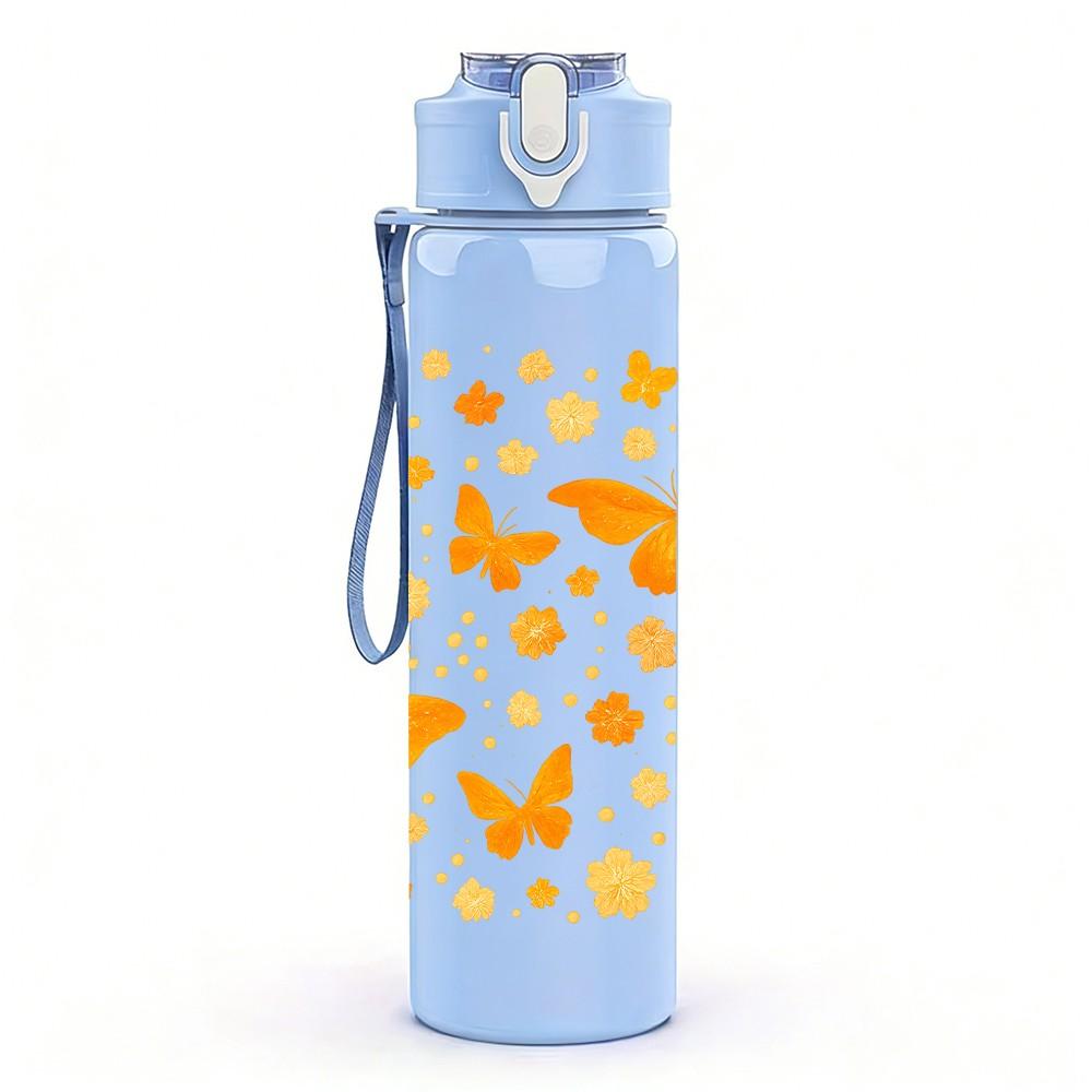 1PC Orange Butterfly Floral Pattern Print 750ml Color Plastic Sports Water Bottle Leakproof Flip Straw Lid Suitable for Sports Office Home Use