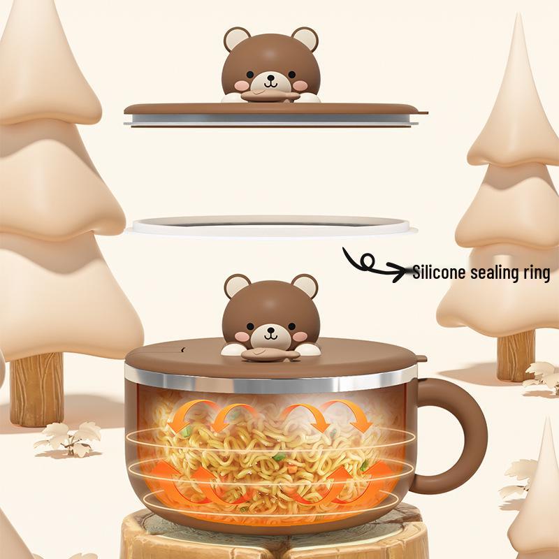 304 Stainless Steel Instant Noodle Bowl with Lid & Water Filter, Cute Large Fast Food Gift Cup for Students.