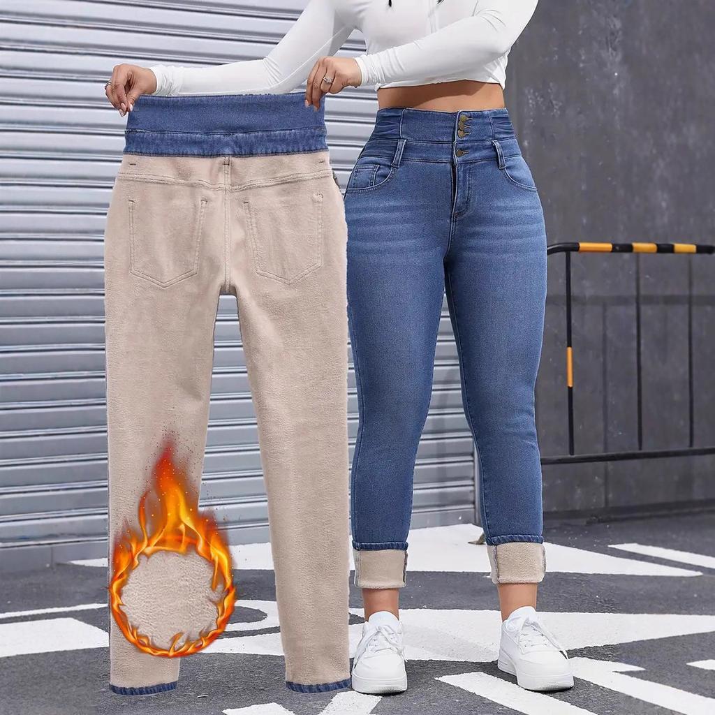 Women's Mid Rise Skinny Jeans Slim Fit Private Noble Fleece Lined Winter Women Denim Trousers
