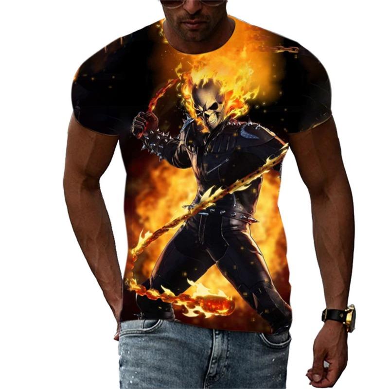 Summer Men's Fashion Trend New T-shirt 3D Flame Skull Digital Print Hip Hop Loose Street Clothing Casual Daily Round Neck Top