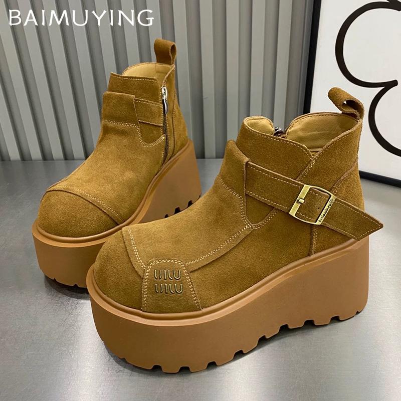 Platform Women Snow Ankle Bootas Suede Short Plush Cotton Mid Heels Shoes 2025 Trend Winter Warm Cozy Zippers Botas De Mujer