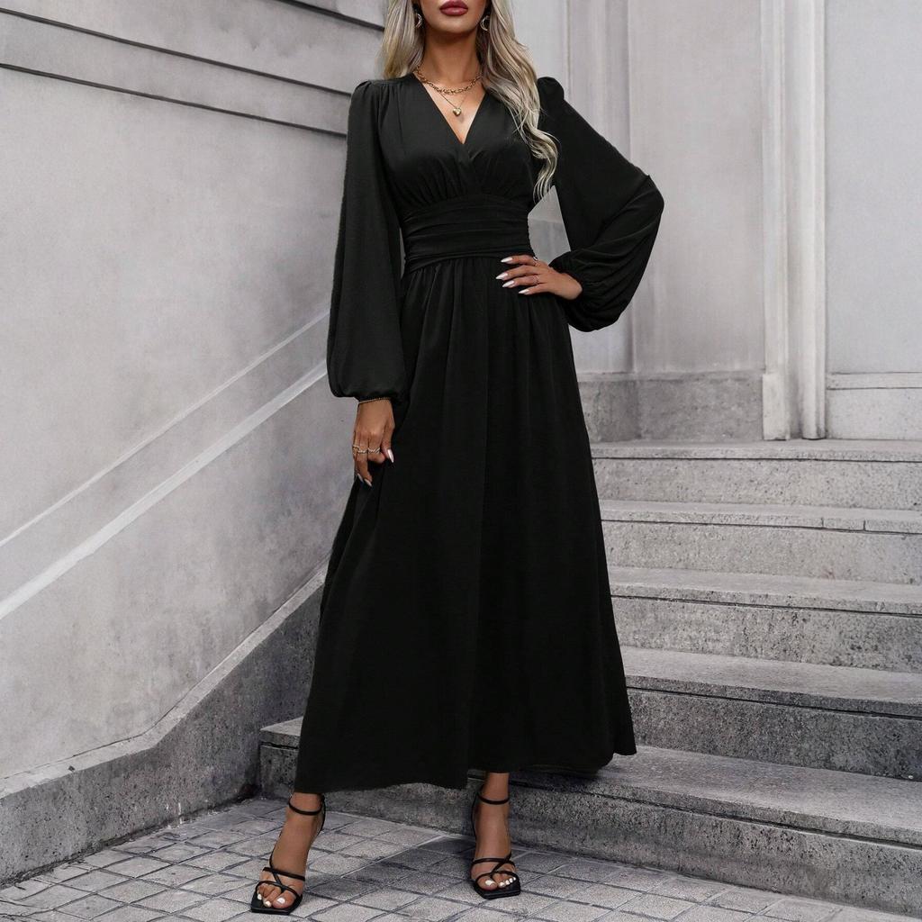 Women's Fashionable Color V-neck Long Sleeved Slit Dress