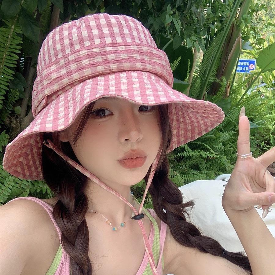 Japanese Style Women's Sun Protection Plaid Hat with Butterfly Knot - Wide Brim for a Slimmer Look