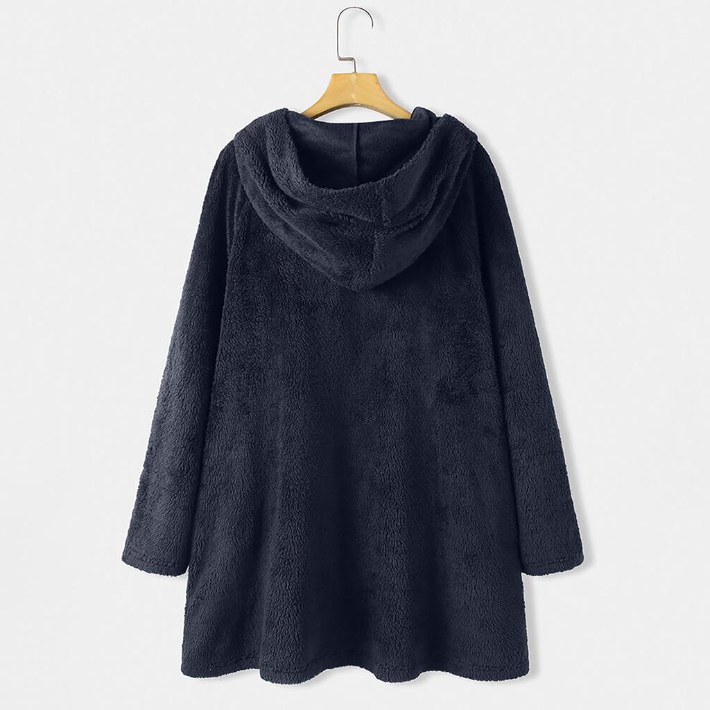 Women Fashion Button Plush Tops Hooded Loose Cardigan Wool Coat Winter Jacket