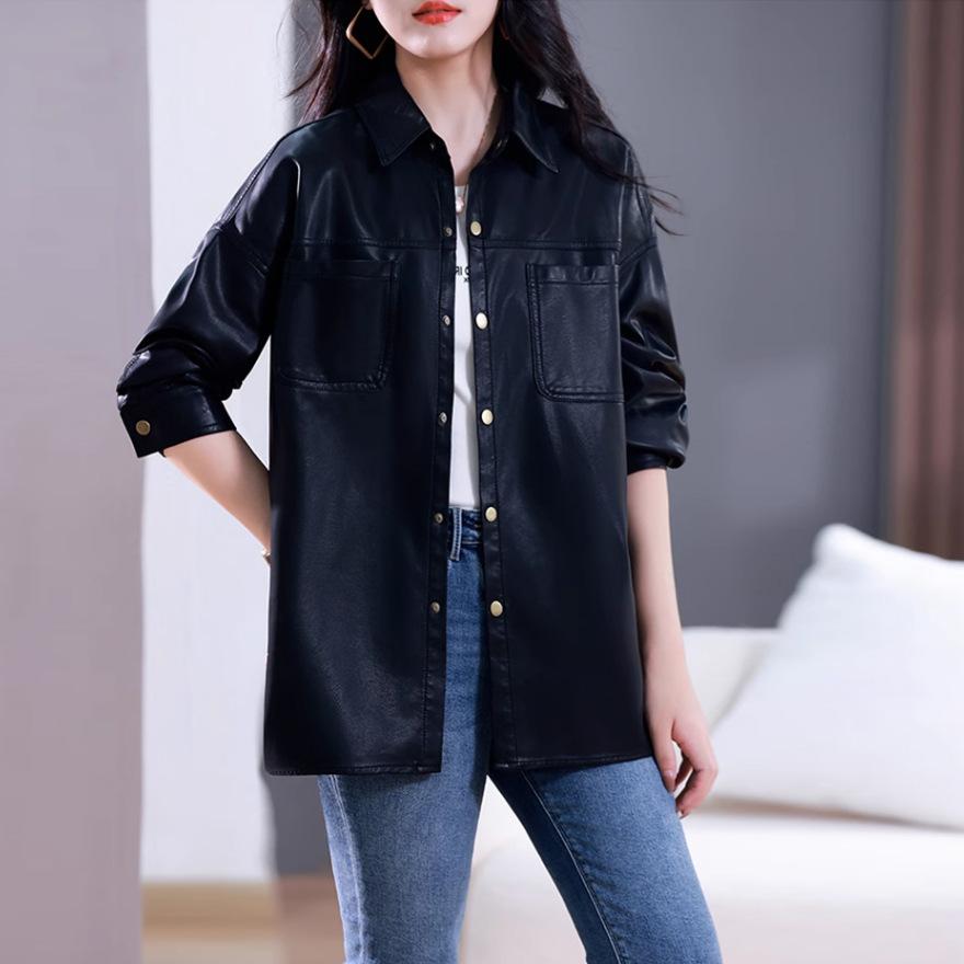 Black Leather Shirt Jacket Women's Spring and Autumn Medium and Long Spring and Autumn New Retro Small Handsome Locomotive Clothes