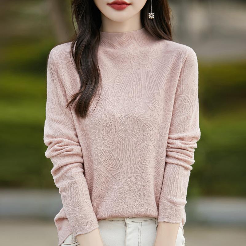 Elegant three-dimensional carved worsted thin semi-turtleneck knitted bottoming shirt femininity with thin top
