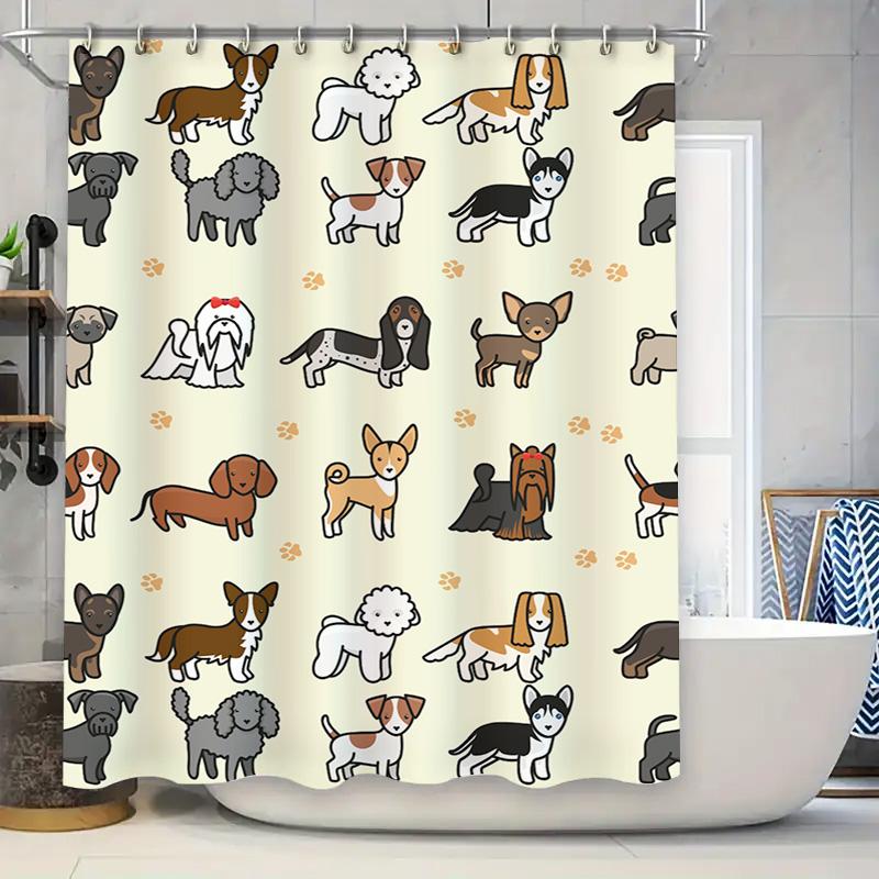 

Pet Dog Cat Cartoon Print Shower Curtain Washable Fabric For Bathroom Decor Modern Design With Paw Prints White Background (180 W60H190(CM)-1 Pcs