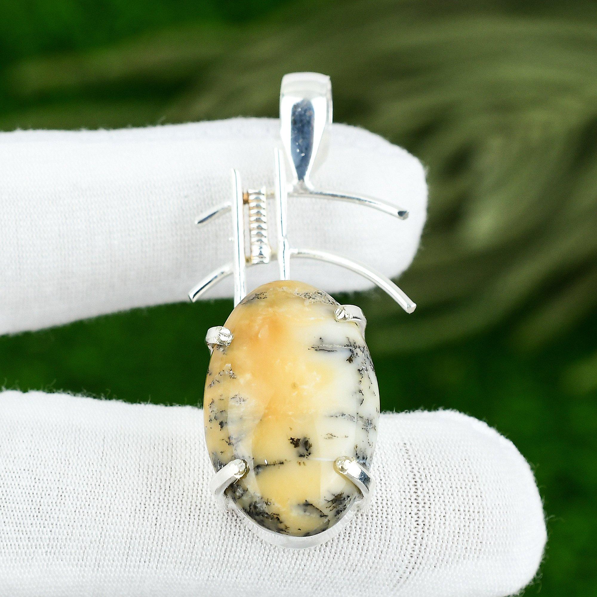 

Oval Honey Dendrite Opal Gemstone Wife Birthday Bezel Wedding Pendant 925 Silver