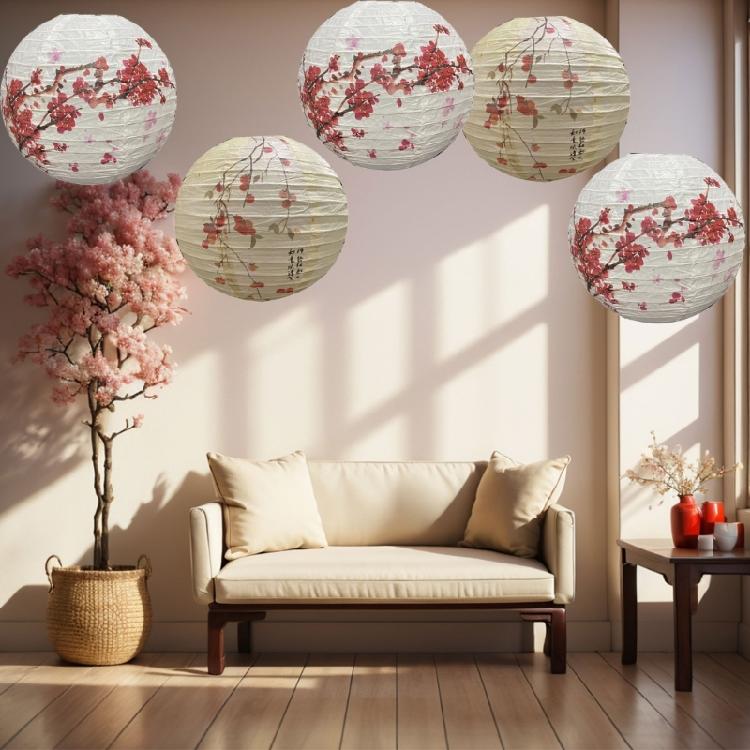 Pack of 5 Japanese And Chinese Themed Lanterns Feature Cherries Blossom And Persimmons  For Seasonal Celebration