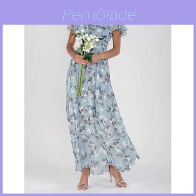 Einfaches, fließendes Chiffon-Maxikleid mit Blumenmuster und Rüschen-V-Ausschnitt für den Sommer, Freizeitkleidung