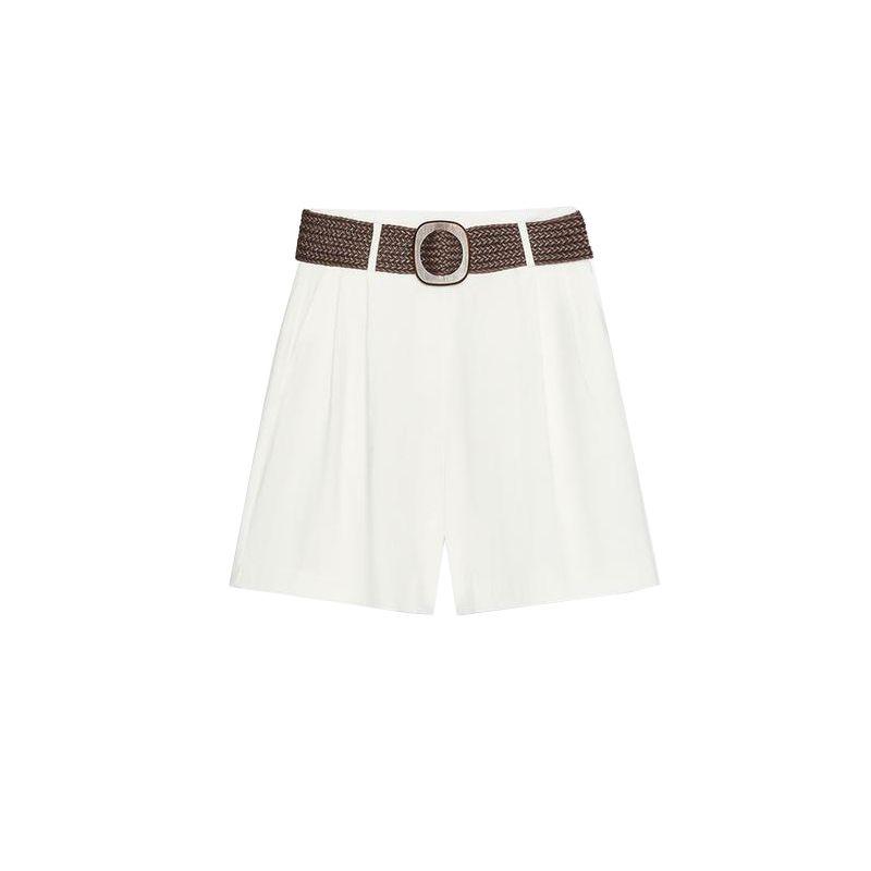 Single-Breasted Lapel Wide Short sleeve Loose Shirts 8372226 With Belt Pleated Casual Shorts 8372444