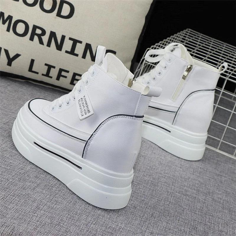 Leather Thick-soled High-top Women's Shoes 2025 Autumn Winter New Fashionable Zipper Height Increased 8cm Casual Sneakers Shoes