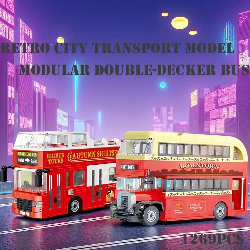 Mini Building Block Model Set Retro Double decker Bus Sightseeing City Bus Collectibles and Decorations, Ideal Gift