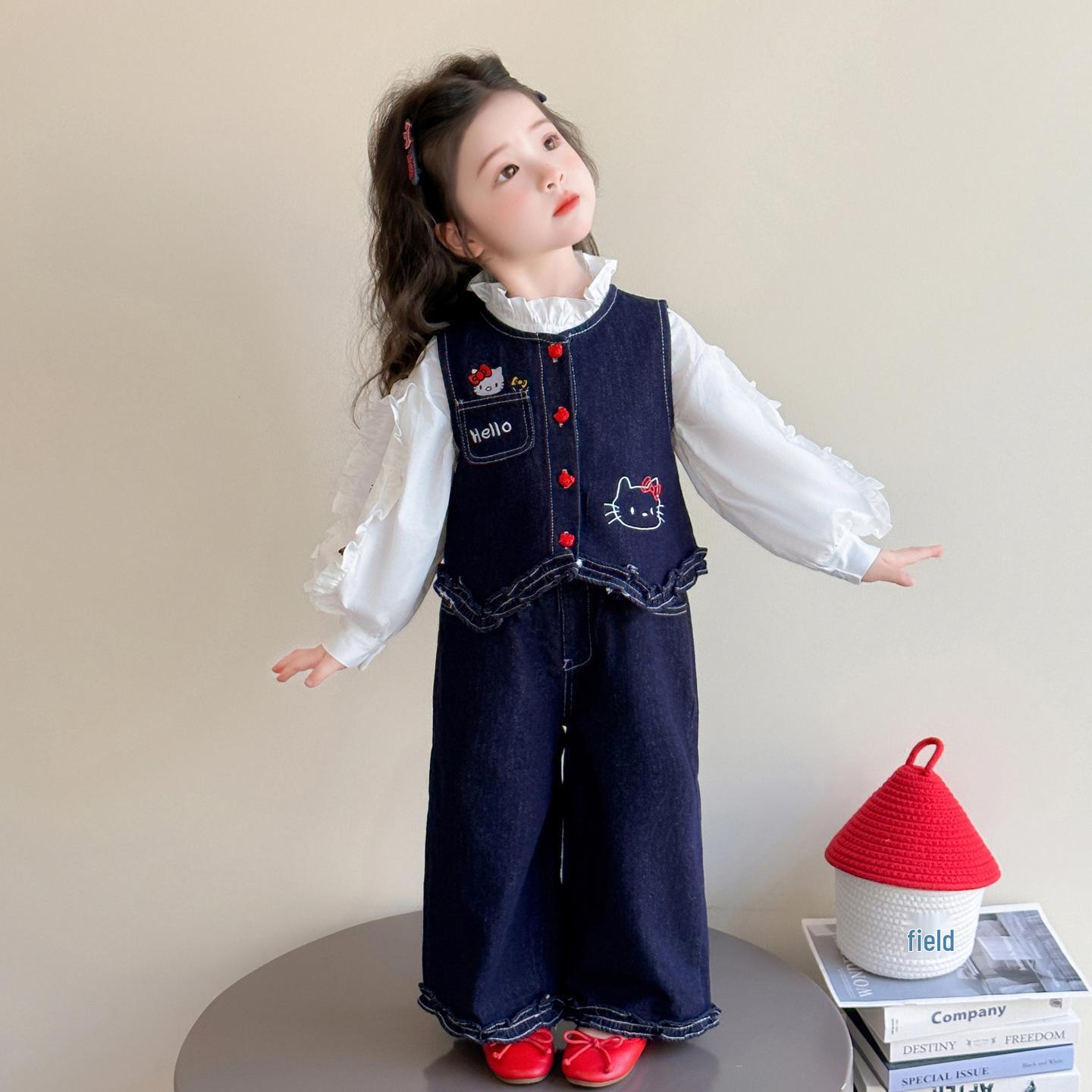

Girls Cat Embroidered Denim Vest Set - 2025 Autumn Fashion Three-Piece Outfit 90 cm