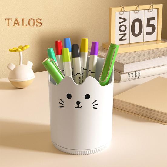 Pen Holder 360 Degree Rotating Cat Pattern Design Large Capacity Stationery Organizer Desk Accessory