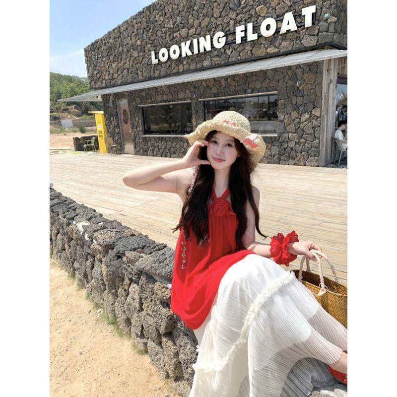 Kumikumi Idle Style Set Red Halter Top Women Summer High Waist Slimming Versatile Skirt Two-piece Set