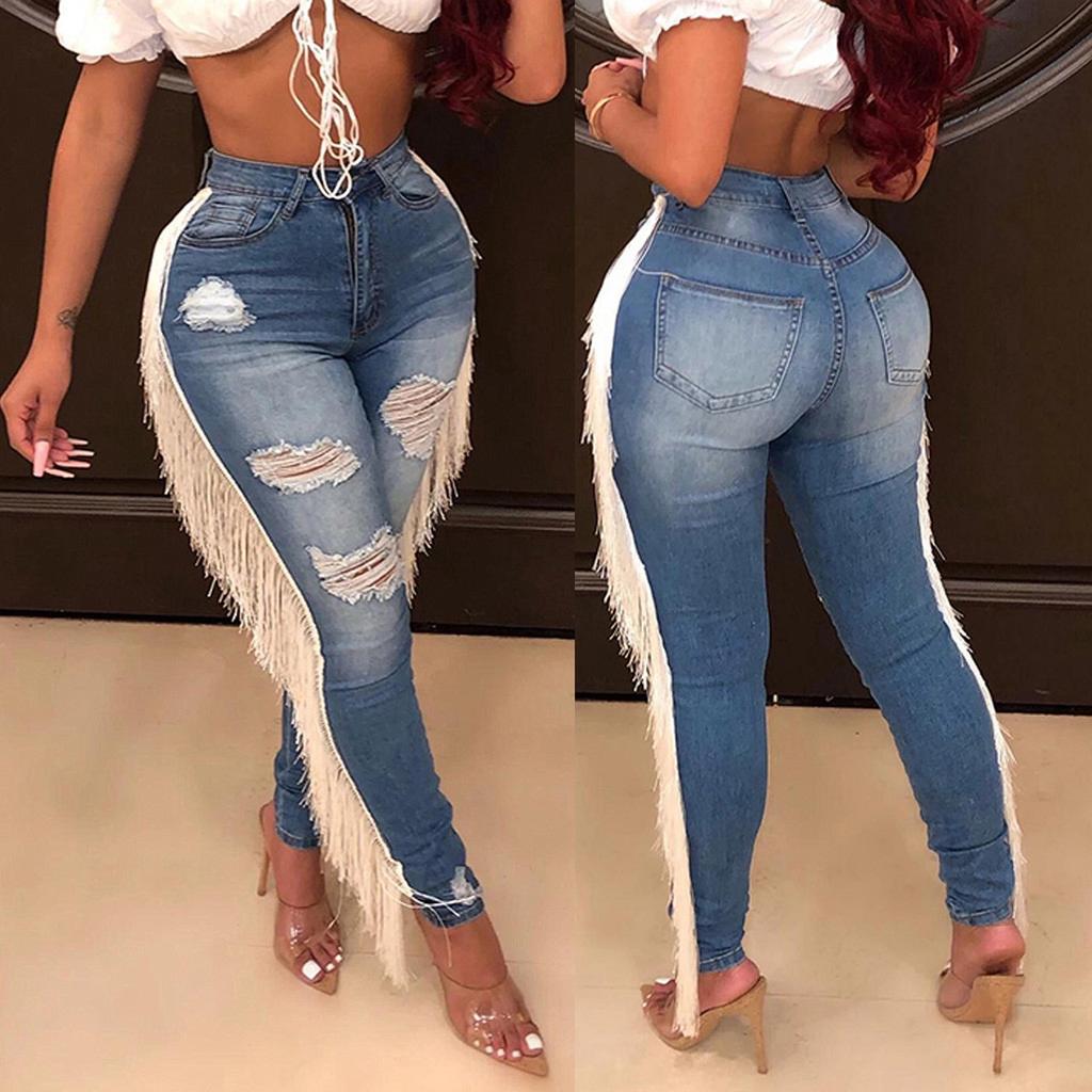 Fashion Women High Waist Hole Tassel Button Zipper Pocket Denim Jeans Sexy Pants
