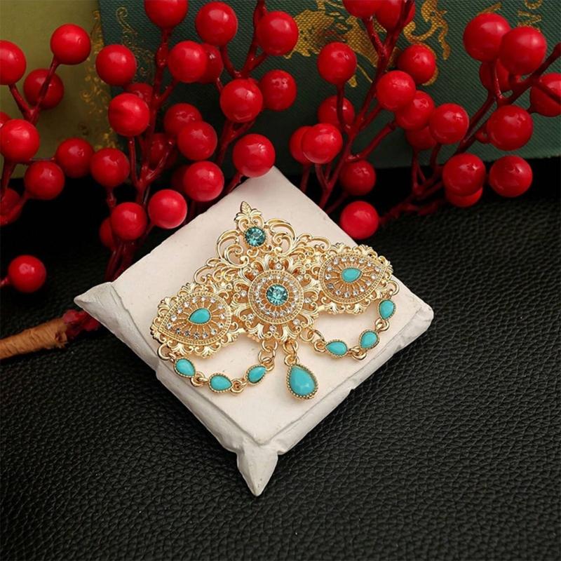 Crystals Arabic Brooch Featuring Hollow Out Tassels Designs For Women Bridal Caftan Pin