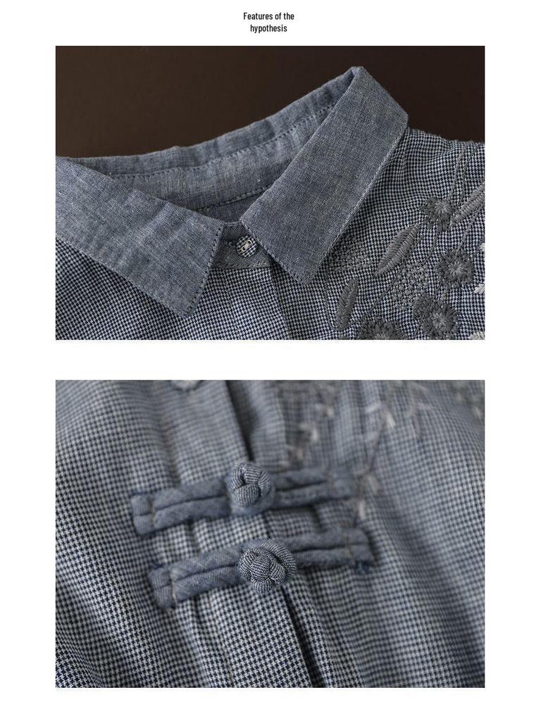 Women's Chinese-Style Embroidered Houndstooth Frog Button Top - Retro Ethnic Cotton Linen Shirt for Autumn/Spring 2025.