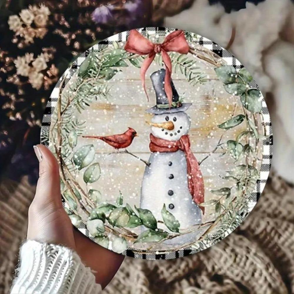 Snowman Winter Wreath Rustic Metal Wall Art Plaid Border Christmas Door Decor