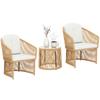 Rattan Bistro-Set, 3-teiliges Gartenmöbel-Set mit rundem Glastisch, Sesseln und Kissen, Cremeweiß