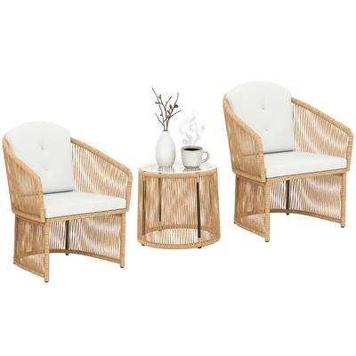 Rattan Bistro-Set, 3-teiliges Gartenmöbel-Set mit rundem Glastisch, Sesseln und Kissen, Cremeweiß