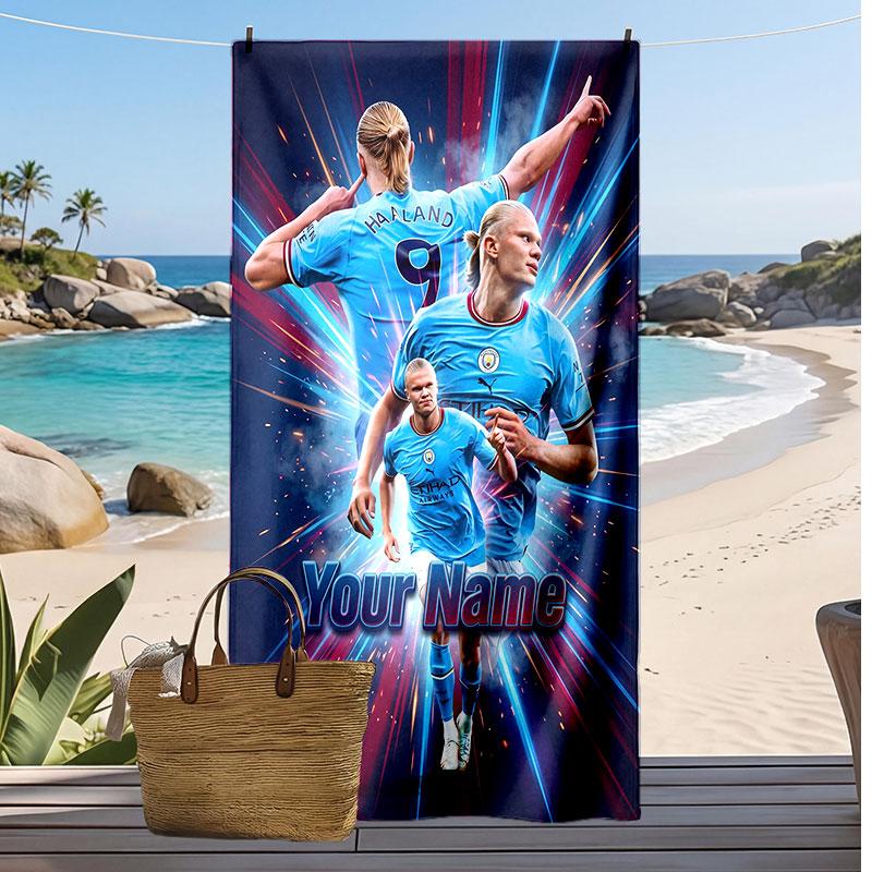 Asciugamano da Spiaggia Personalizzato Stampato Erling Haaland Logo Calcio Supporto Nome Personalizzato Testo Asciugamano Assorbente Per Sport Viaggio Regalo Speciale