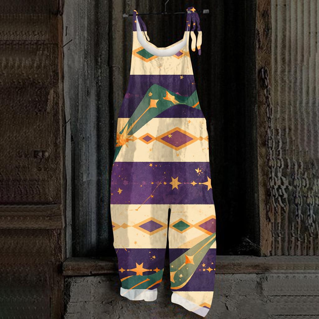 Damen Casual Jumpsuit Ärmellos Karnevalsmasken-Print Locker Retro Overalls Jumpsuit