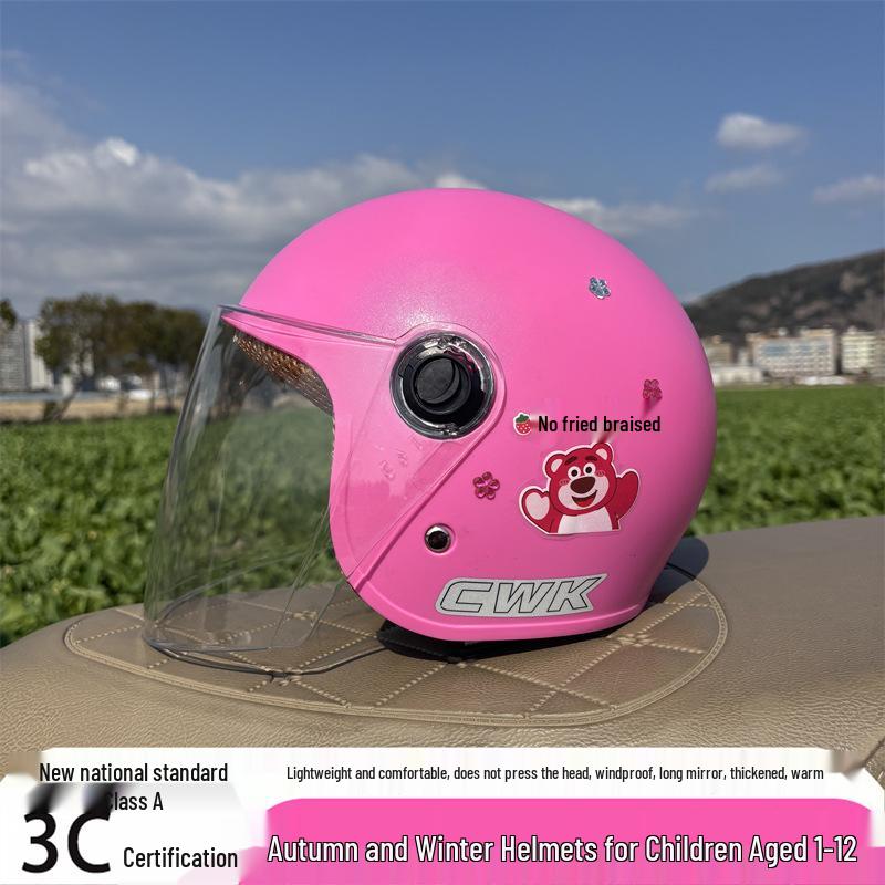 

3C Certified Class A Safety Helmet for 1-12 Year Olds - Cute Strawberry Bear Design for Girls, Anti-Fall, Ideal for Electric Scooters 1-4 Years Old Autumn/Winter + Gem Sticker