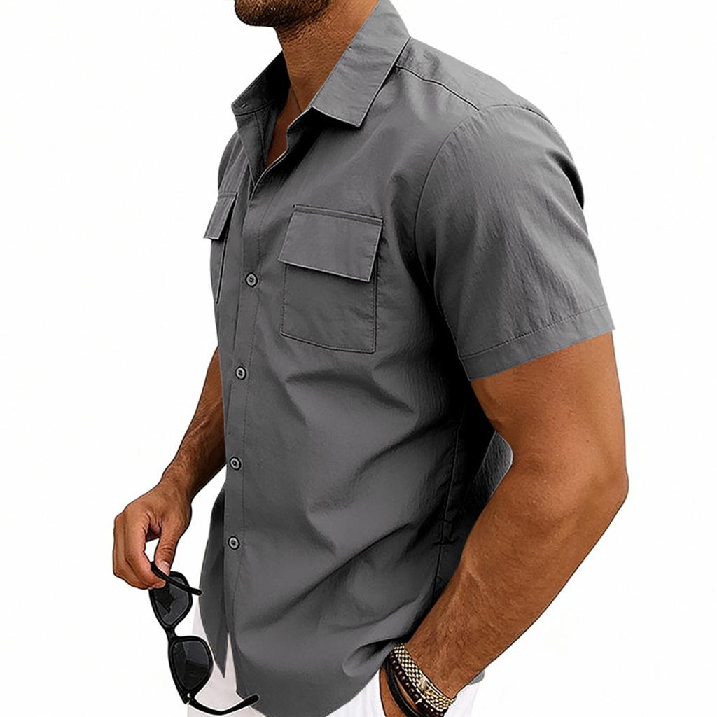 Camisa Casual Masculina de Manga Curta com Bolso e Colarinho