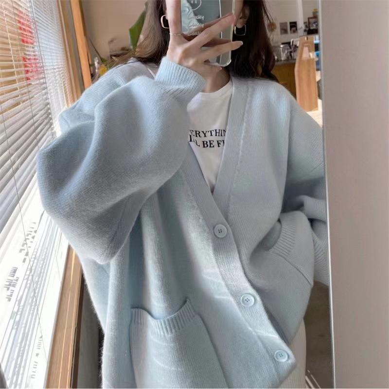 Spring, Autumn and Winter New Candy Color Solid Color Age-reducing Soft Waxy Knitted Sweater Women's Fashion Lazy Wind Knitted Cardigan
