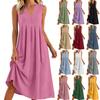 Dames Casual Pullover V-hals Mouwloos Katoen en Linnen Losse Jurk