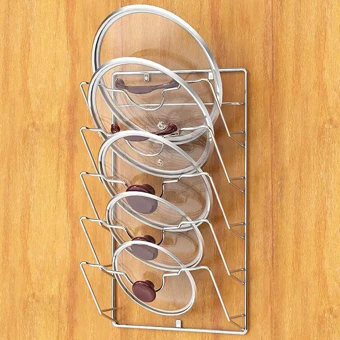 Pot Lid Organizer, Pots and Pans Lid Organizer for Cabinet Door/Wall, No Drilling Adhesive Mounted Rustproof Lid Holder