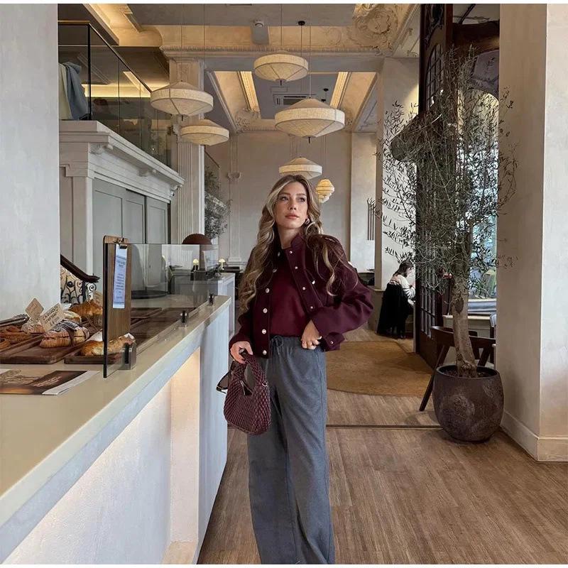 European and American Women's Stylish Double-Breasted Retro Stand-Up Collar Short Jacket