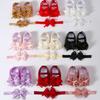 Elegant Lace Pearl Tulle Bow Baby Crib Shoes Matching Stretch Headband Set, Non-Slip Flexible Sole Toddler First Walkers Princess Outfit Accessory