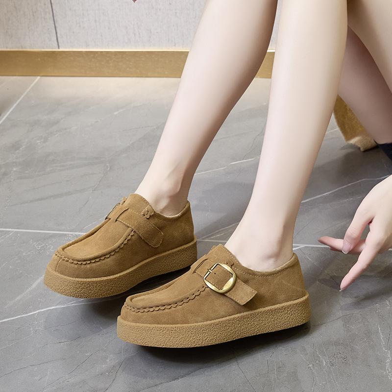 Fashion Women Loafer Shoes Genuine Leather 2025 Autumn New Suede Platform Kangaroo Shoes Women Wedges Belt Buckle Slip-on Shoes Women