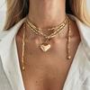 Fashion Gold Color Love Heart Pendant Necklace Women Vintage Beaded Chain Long Necklace Sweater Chain Jewelry Accessories